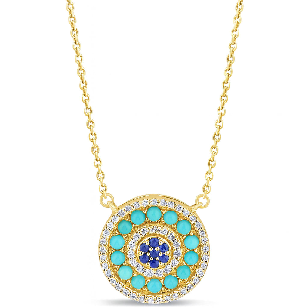 1.01ct G SI 14K Yellow Gold Round Shape Halo Diamond, Blue Sapphire & Turquoise Pendant Necklace 18" Long Chain