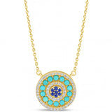1.01ct G SI 14K Yellow Gold Round Shape Halo Diamond, Blue Sapphire & Turquoise Pendant Necklace 18" Long Chain