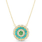 <span style="color:purple">SPECIAL!</span>.82ct G SI 14K Yellow Gold Round Shape Halo Diamond, Emerald & Turquoise Pendant Necklace 18" Long Chain
