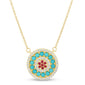 <span style="color:purple">SPECIAL!</span>.89ct G SI 14K Yellow Gold Halo Diamond, Ruby & Turquoise Pendant Necklace 18" Long Chain