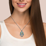 .78ct G SI 14K Two Tone Diamond Turquoise Hamsa Pendant Necklace 18" Long Chain