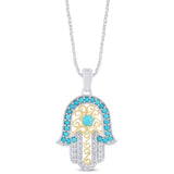 .78ct G SI 14K Two Tone Diamond Turquoise Hamsa Pendant Necklace 18" Long Chain