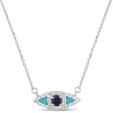 <span style="color:purple">SPECIAL!</span> .29ct G SI 14K White Gold Diamond & Blue Sapphire Gemstone Evil Eye Pendant Necklace 18" Long Chain