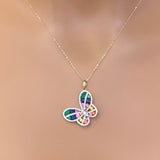 <span style="color:purple">¡ESPECIAL!</span> Collar de mariposa de oro amarillo de 14K con diamantes y piedras preciosas multicolores de 2,51 ct G SI, 45,72 cm de largo