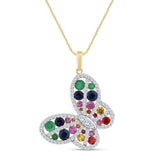 <span style="color:purple">¡ESPECIAL!</span> Collar de mariposa de oro amarillo de 14K con diamantes y piedras preciosas multicolores de 2,51 ct G SI, 45,72 cm de largo