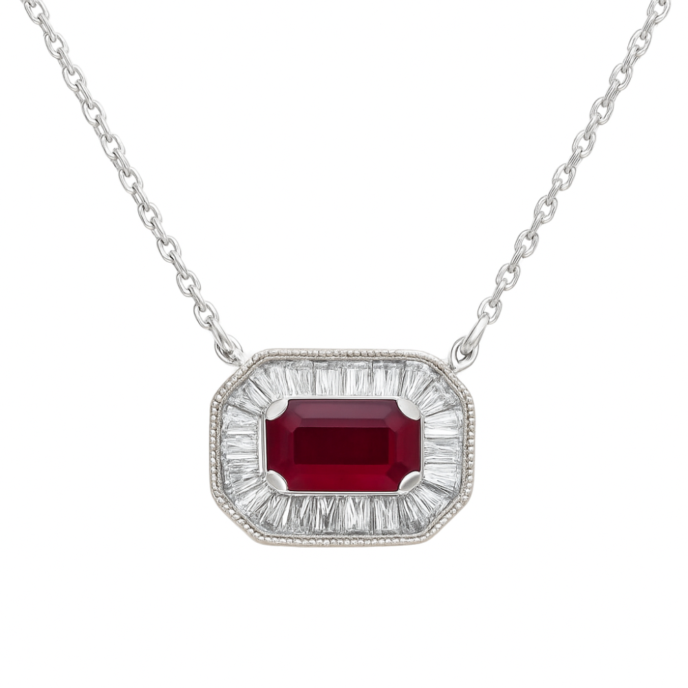 .54ct G SI 14K White Gold Diamond & Ruby Gemstone Pendant Necklace 16+2" Ext