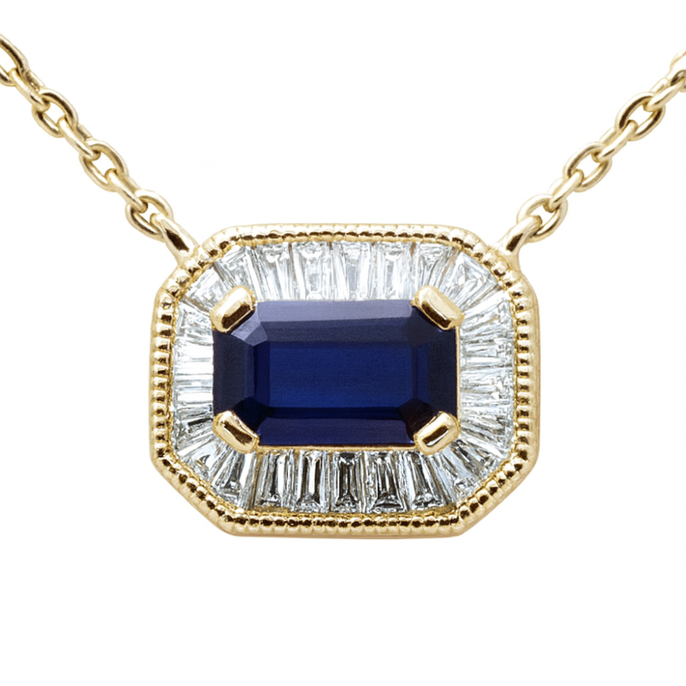 .44ct G SI 14K Yellow Gold Diamond & Blue Sapphire Gemstone Pendant Necklace 16+2" Ext