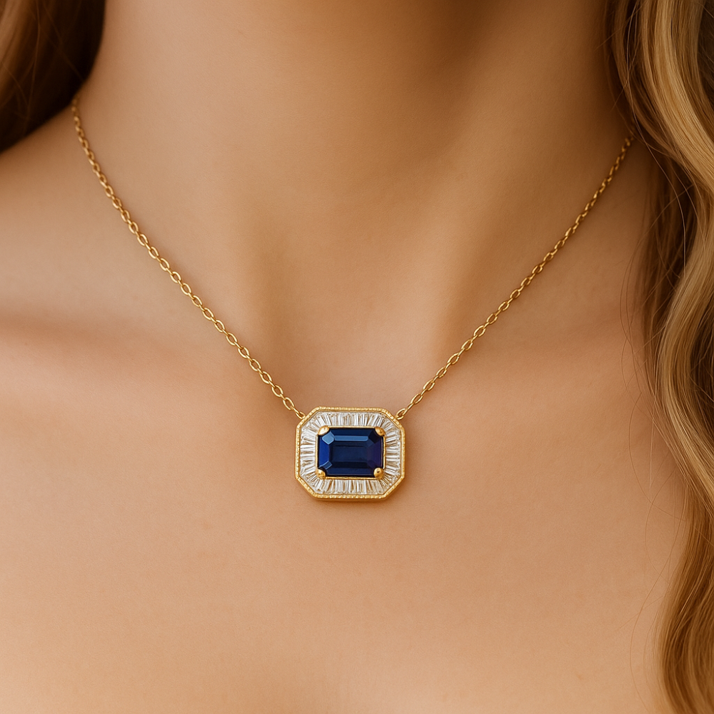 .44ct G SI 14K Yellow Gold Diamond & Blue Sapphire Gemstone Pendant Necklace 16+2" Ext