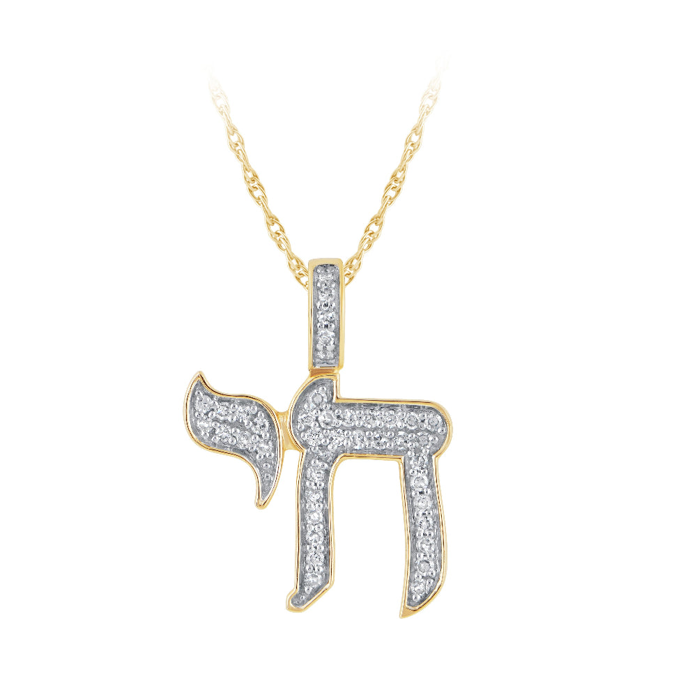 .16ct G SI 14K Yellow Gold Diamond Chai Jewish Pendant Necklace 18" Long Chain