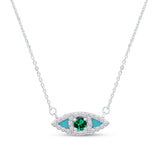 .27ct G SI 14K White Gold Diamond & Emerald Gemstone with Blue Enamel Evil Eye Pendant Necklace 18" Long Chain