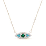 <span style="color:purple">SPECIAL!</span> .23ct G SI 14K Yellow Gold Diamond & Emerald Gemstone with Blue Enamel Evil Eye Pendant Necklace 18" Long Chain