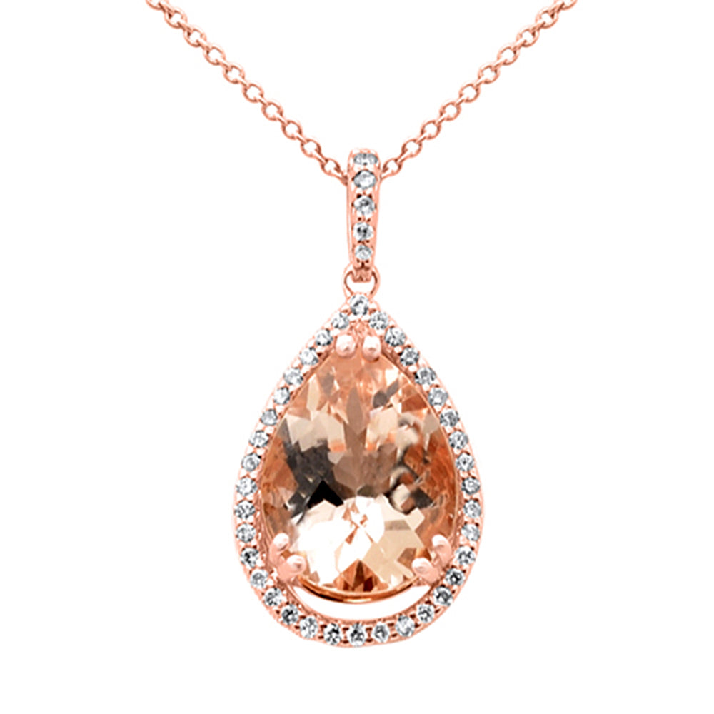 3.63ct G SI 14K Rose Gold Diamond & Pear Shape Morganite Gemstone Pendant Necklace 16" Long Chain