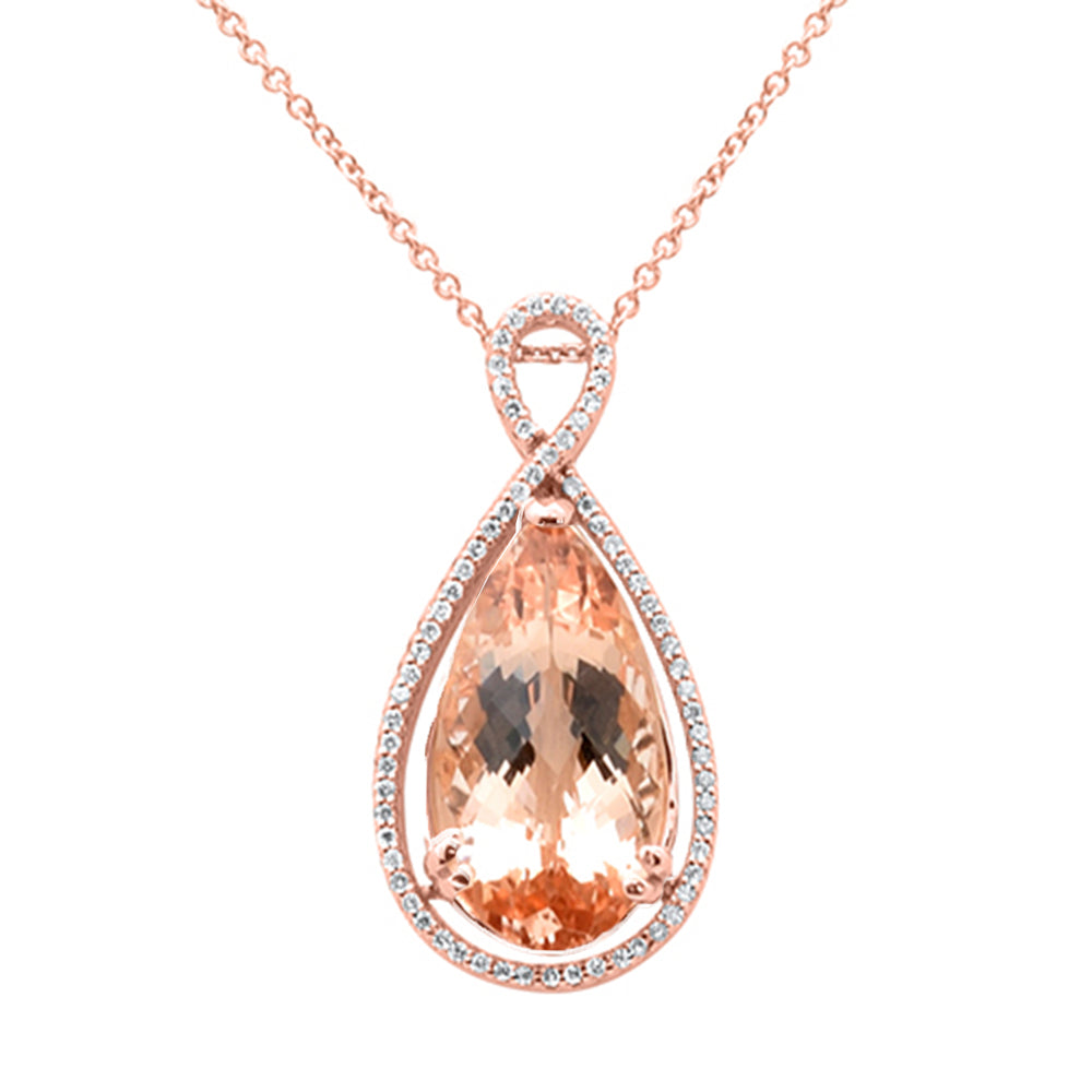 4.18ct G SI 14K Rose Gold Diamond & Pear Shape Morganite Gemstone Pendant Necklace 16" Long Chain