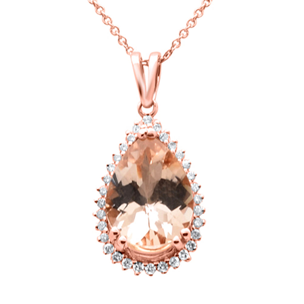 3.42ct G SI 14K Rose Gold Diamond & Pear Shape Morganite Gemstone Pendant Necklace 16" Long Chain