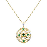 .41ct G SI 14K Yellow Gold Diamond & Emerald Gemstone Round Pendant Necklace 18" Long