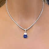 <span style="color:purple">SPECIAL!</span> 4.06ct G SI 14K White Gold Diamond Oval Shape & Blue Sapphire Gemstone Pendant  No Chain