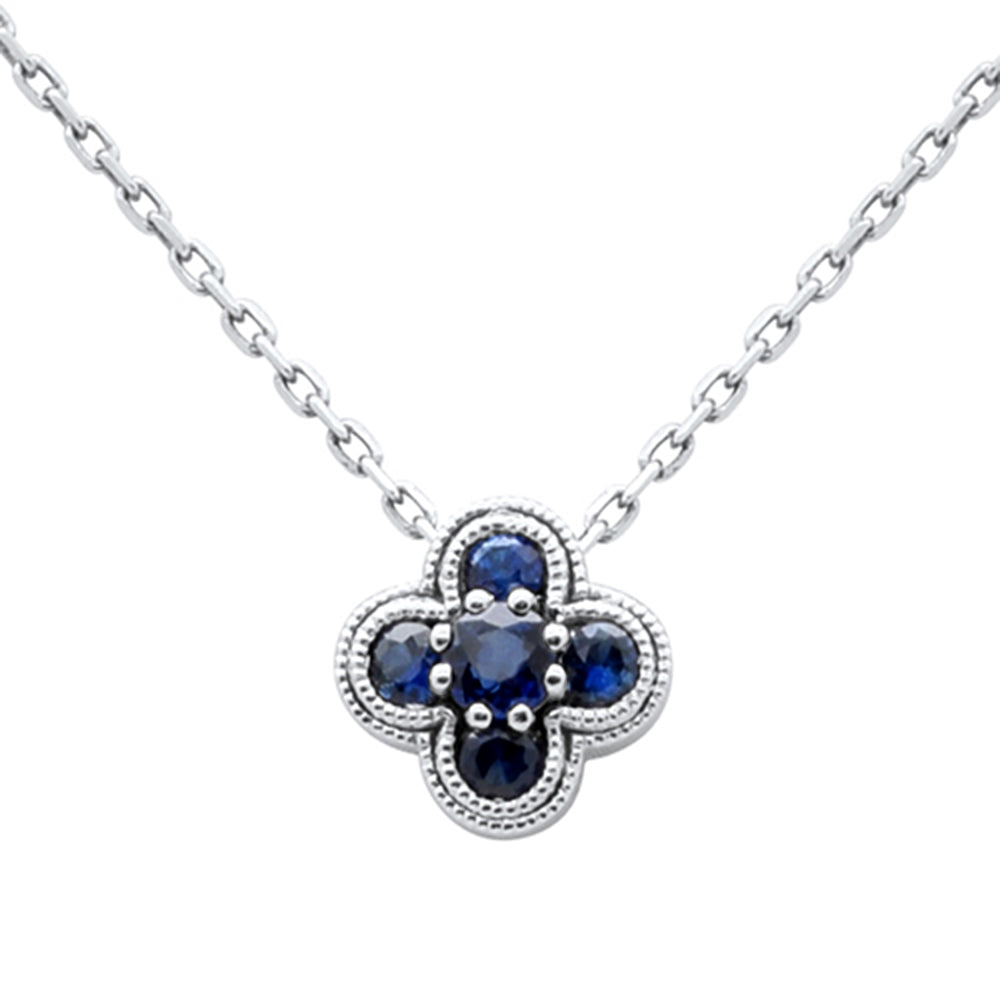 .27ct G SI 14K White Gold Blue Sapphire Gemstone Clover Pendant Necklace 18" Chain