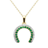 .48ctG SI 14K Yellow Gold Diamond & Emerald Gemstone Horse shoe Pendant 18" Chain
