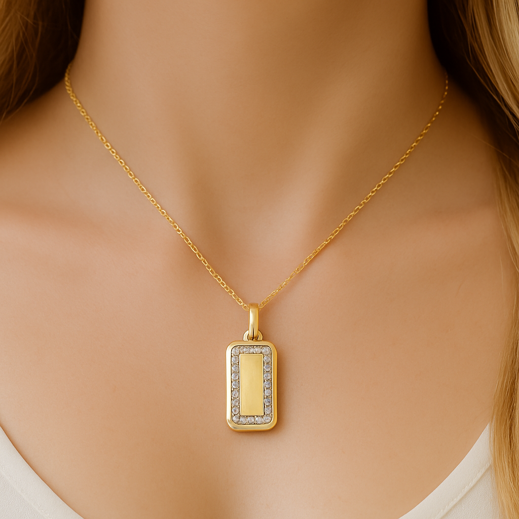 .15ct G SI 14K Yellow Gold Diamond Trendy Dog Tag Design Pendant Necklace 18" Chain