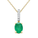 1.26ct G SI 14K Yellow Gold Diamond & Oval Emerald Gemstone Drop Pendant Necklace 18" Chain