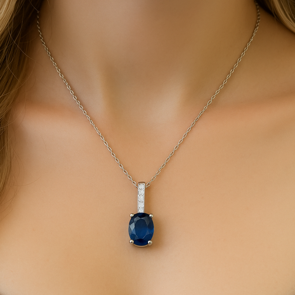 <span style="color:purple">SPECIAL!</span>1.23ct G SI 14K White Gold Diamond & Oval Shape Blue Sapphire Gemstone Pendant Necklace 18" Chain