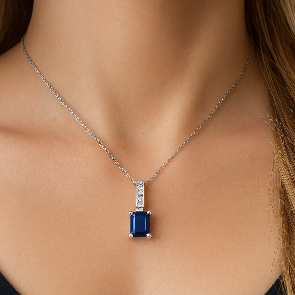 1.17ct G SI 14K White Gold Diamond & Blue Sapphire Gemstone Pendant Necklace 18" Chain