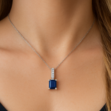 1.17ct G SI 14K White Gold Diamond & Blue Sapphire Gemstone Pendant Necklace 18" Chain