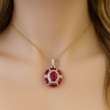 1.37ct G SI 14K Yellow Gold Diamond & Ruby Gemstone Dome Pendant Necklace 18" Chain