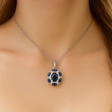 1.52ct G SI 14K White Gold Diamond & Blue Sapphire Gemstone Dome Pendant Necklace 18" Chain