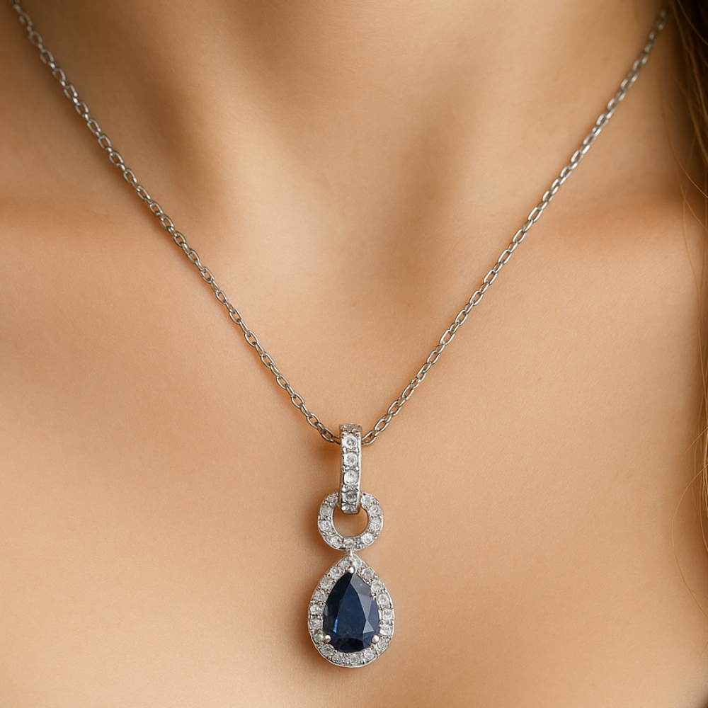 .63ct G SI 14K White Gold Diamond & Blue Sapphire Gemstone Pendant Necklace 18" Chain