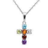 .44ct G SI 14K White Gold Diamond & Multi Color Gemstone Cross Pendant Necklace 18" Chain