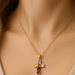 .43ct G SI 14K Yellow Gold Diamond Multi Color Gemstone Cross Pendant Necklace 18" Chain