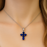 .47ct G SI 14K White Gold Blue Sapphire Gemstone Cross Pendant Necklace 18" Chain