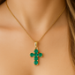 .43ct G SI 14K Yellow Gold Emerald Gemstone Cross Pendant Necklace 18" Chain