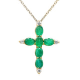 1.02ct G SI 14K Yellow Gold Diamond & Emerald Gemstone Cross Pendant Necklace 18" Chain