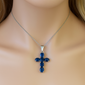 <span style="color:purple">SPECIAL!</span>1.54ct G SI 14K White Gold Blue Sapphire Gemstone Cross Pendant Necklace 18" Chain