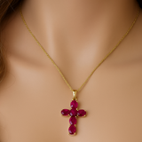 <span style="color:purple">¡ESPECIAL!</span>Colgante con cruz y gema de rubí en oro amarillo de 14K, 1.22ct G SI, cadena de 18"