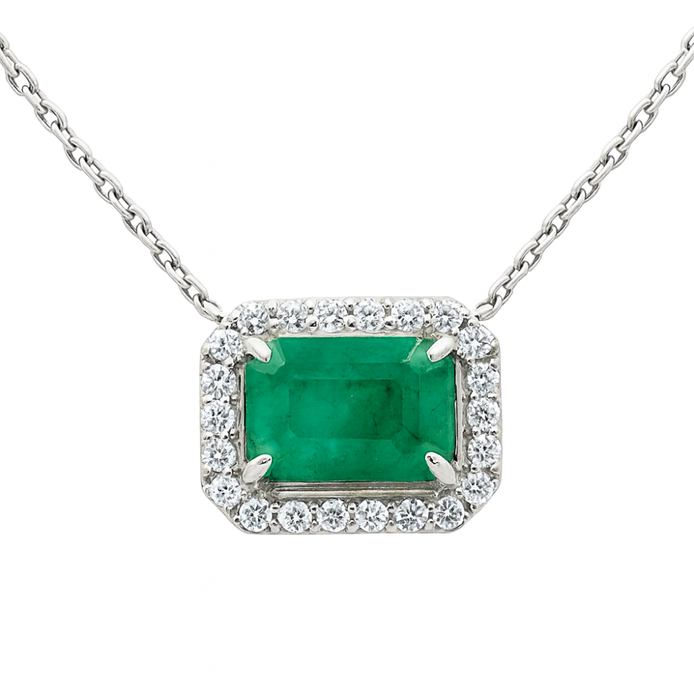 1.05ct G SI 14K White Gold Diamond & Emerald Gemstone Pendant Necklace 18" Chain