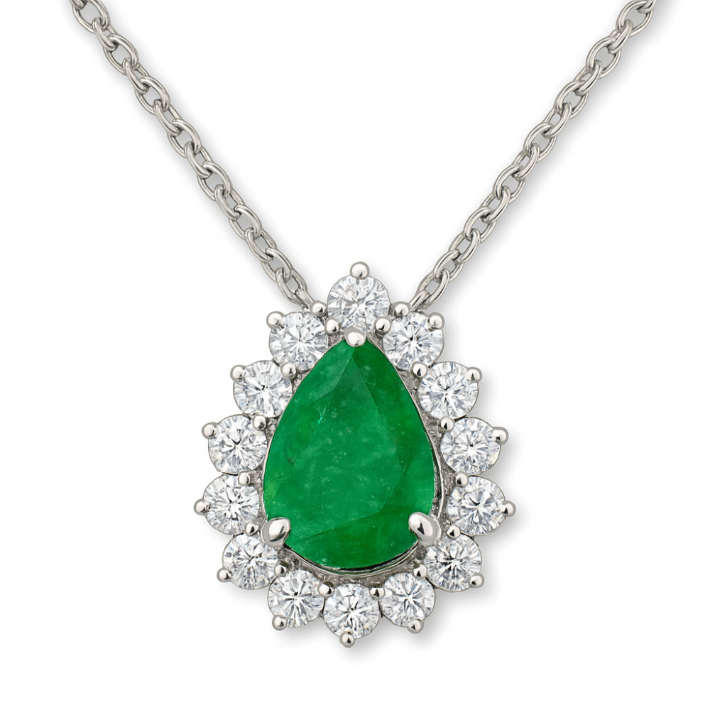 .84ct G SI 14K White Gold Diamond & Pear Shape Emerald Gemstone Pendant Necklace 18" Chain