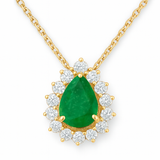 1.01ct G SI 14K Yellow Gold Diamond & Pear Shape Emerald Gemstone Pendant Necklace 18" Chain
