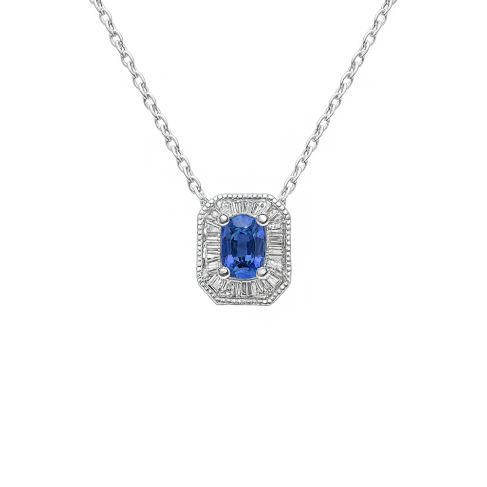 .58ct G SI 14K White Gold Baguette Diamond & Blue Sapphire Gemstone Pendant Necklace 18" Long