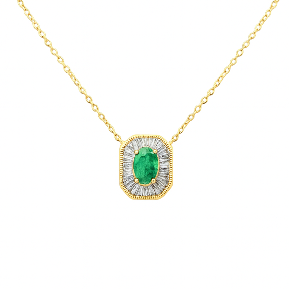 .44ct G SI 14K Yellow Gold Baguette Diamond & Emerald Gemstone Pendant Necklace 18" Long