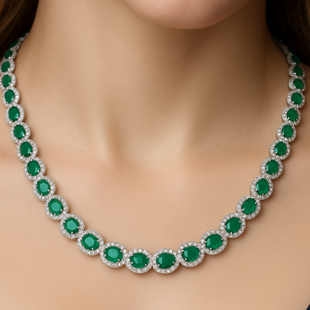 14.41ct G SI 14K White Gold Diamond & Emerald Gemstone Necklace 16" Long