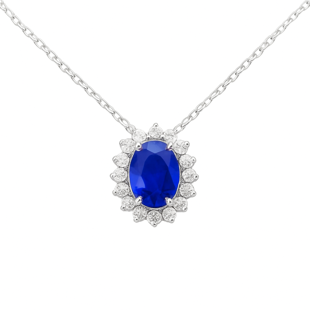 1.35ct G SI 14K White Gold Diamond & Blue Sapphire Gemstone Pendant 18" Long