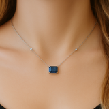 1.09ct G SI 14K White Gold Diamond & Blue Sapphire Gemstone Pendant 18" Long