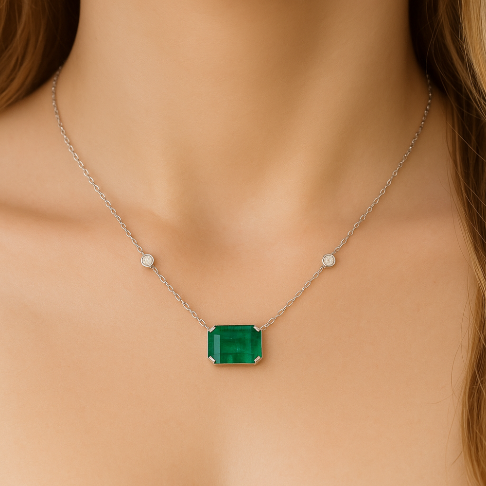.96ct G SI 14K White Gold Diamond & Emerald Gemstone Pendant 18" Long