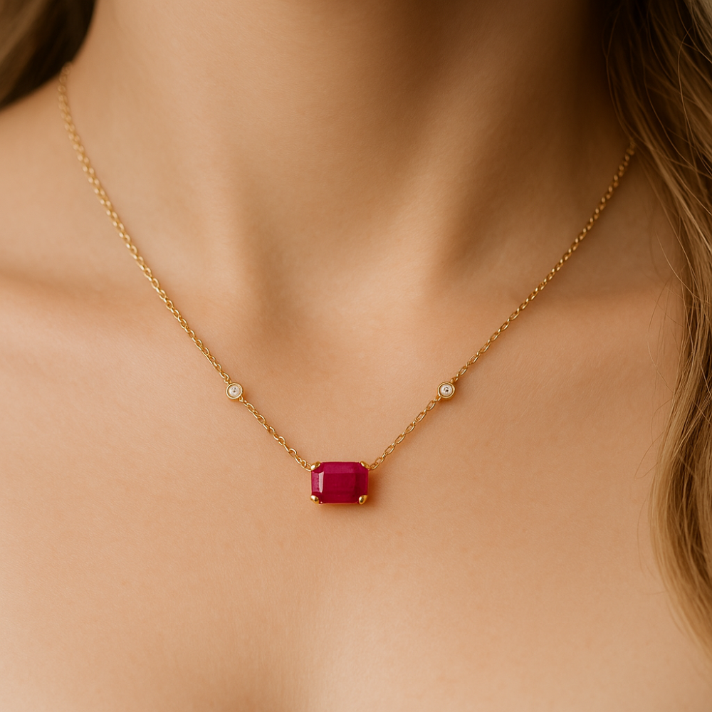 1.09ct G SI 14K Yellow Gold Diamond & Ruby Gemstone Pendant 18" Long