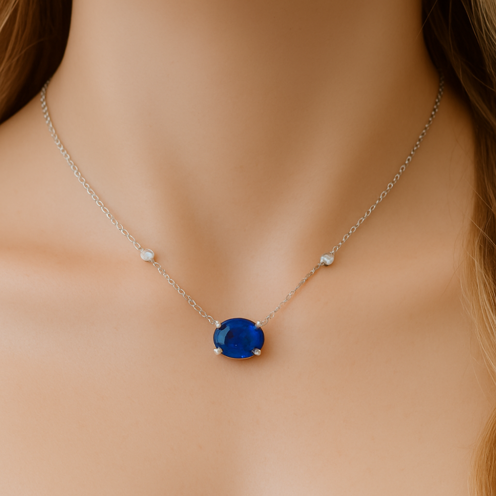 1.15ct G SI 14K White Gold Diamond & Blue Sapphire Gemstone Pendant 18" Long