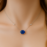 1.15ct G SI 14K White Gold Diamond & Blue Sapphire Gemstone Pendant 18" Long