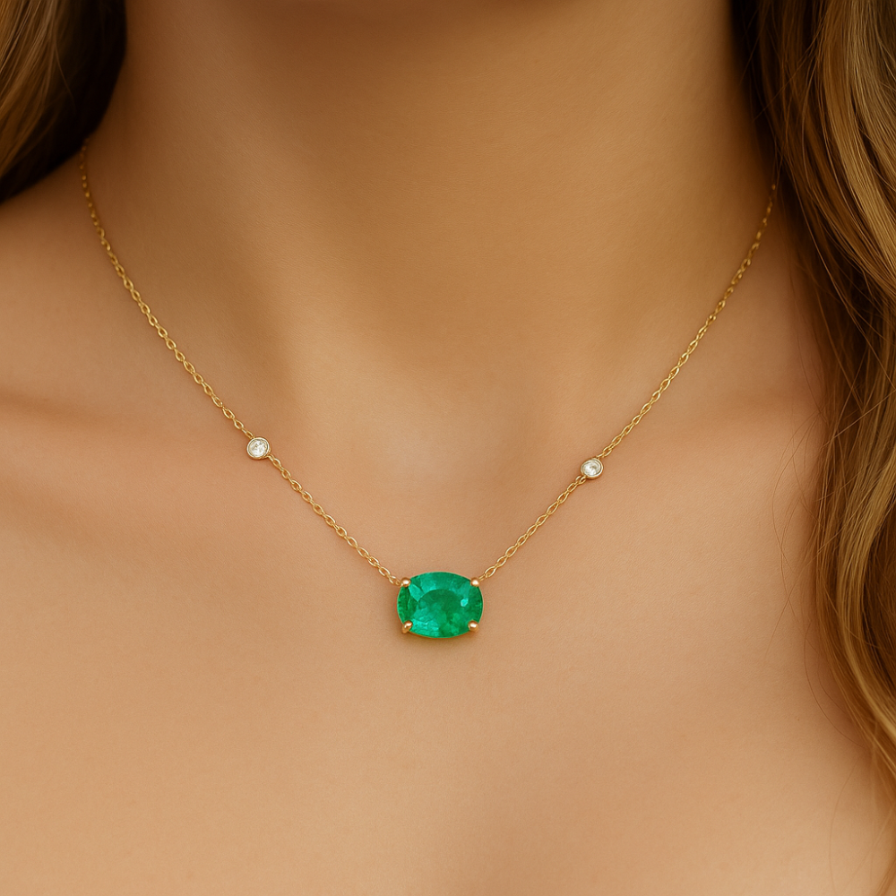 .78ct G SI 14K Yellow Gold Diamond & Emerald Gemstone Pendant 18" Long